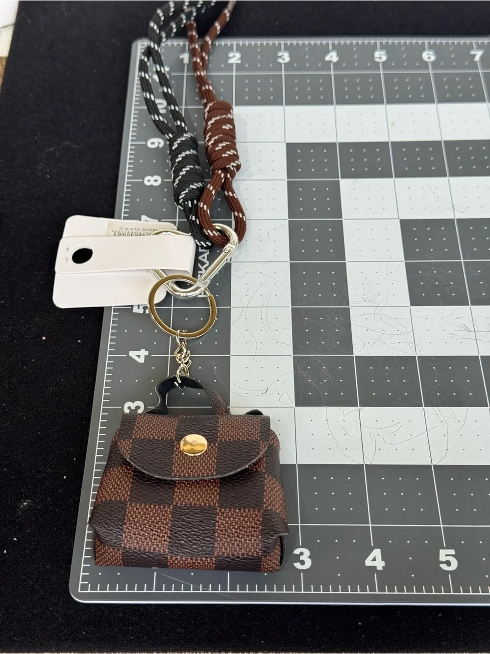 Mini Checkered Brown Faux Leather Bag Keychain